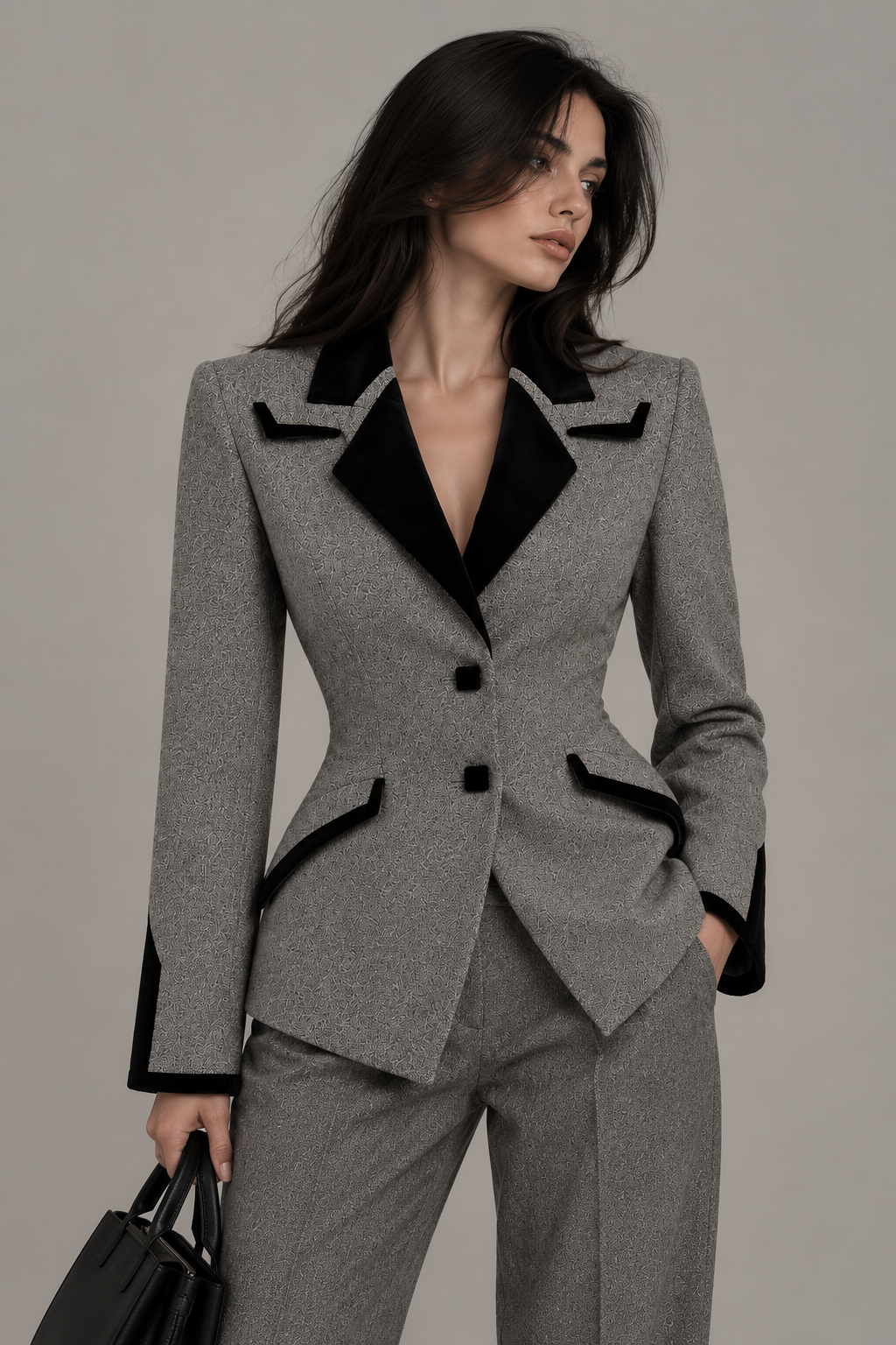 Grey Velvet Trim Blazer