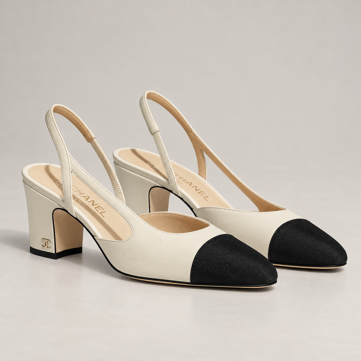 Ivory & Black Cap-Toe Slingback Heels