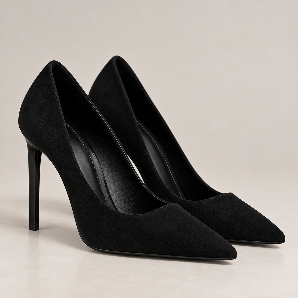 Title: Black Suede Stiletto Pumps